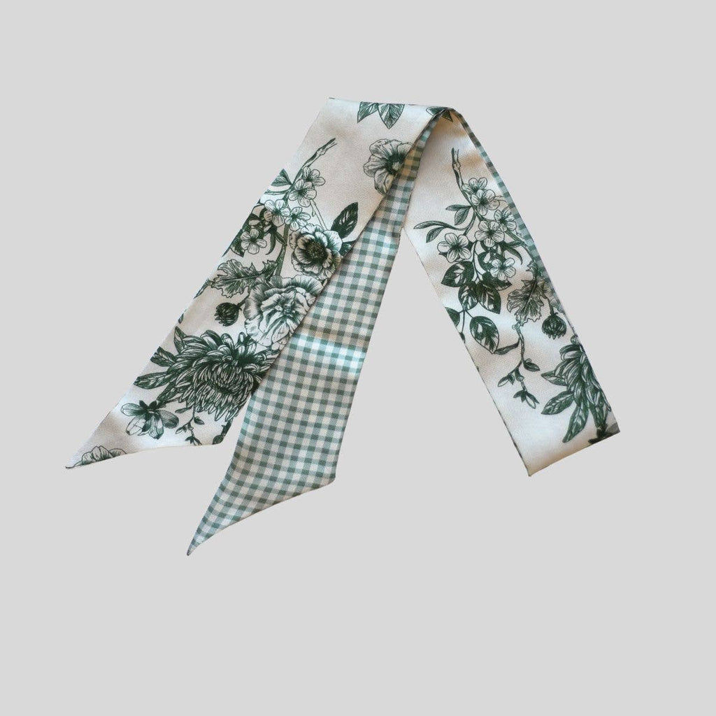 Sage Moss Floral Gingham Silk Twilly Scarf