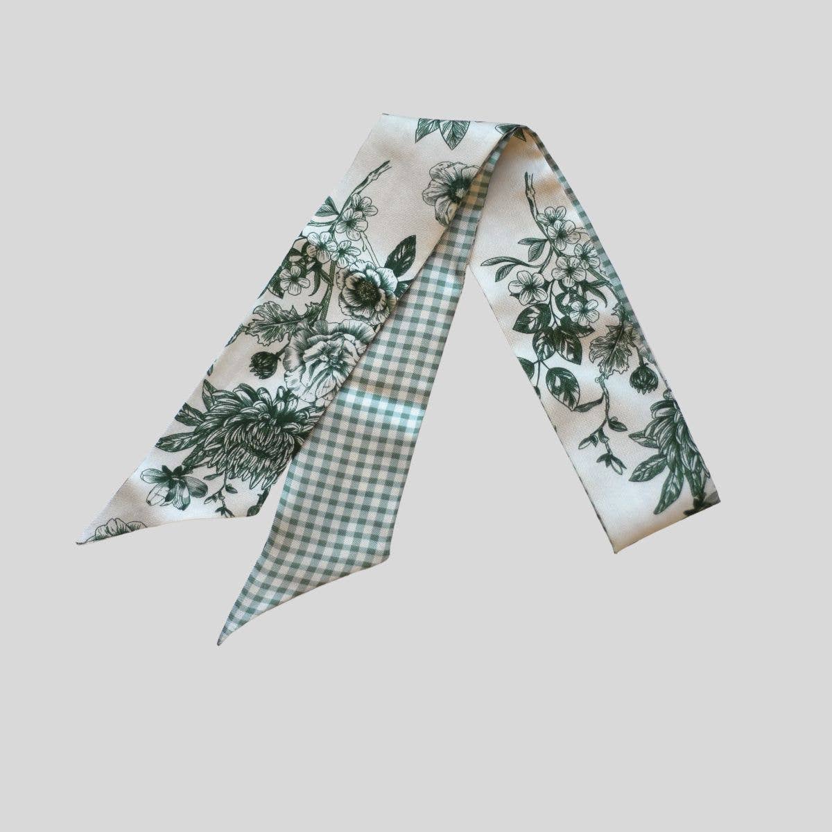 Sage Moss Floral Gingham Silk Twilly Scarf