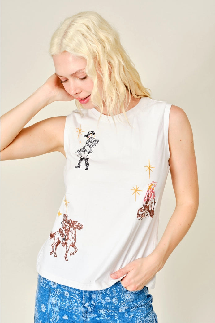 Western Motif Embroidered Sleeveless Top