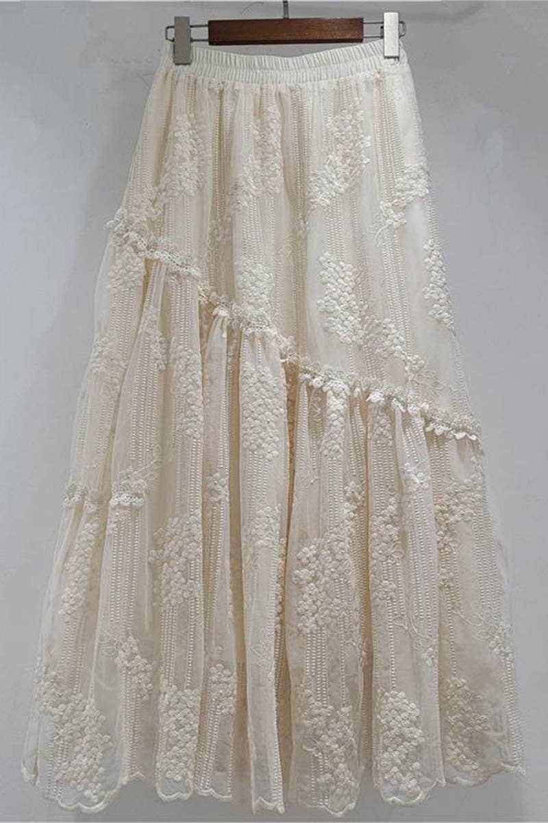 Embroidery and Lace Tiered Maxi Skirt