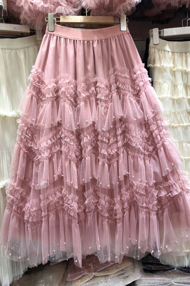 Blush Pink and Pearls Ruffled Tiered Midi Skirt