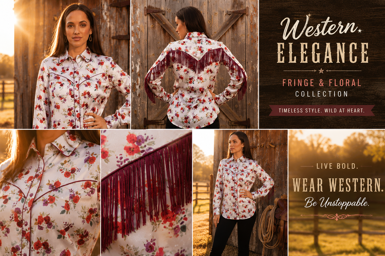 Floral Fringe Satin Feel Western Pearl Snap Blouse