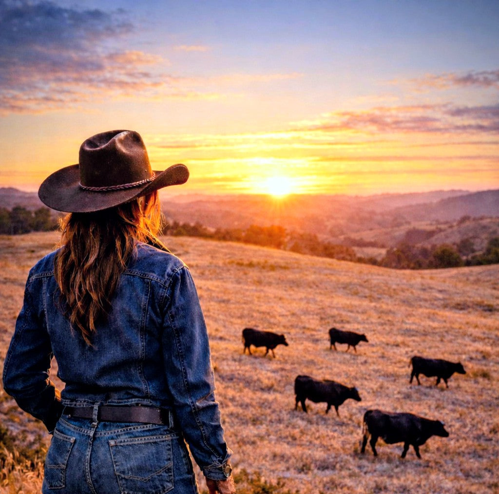 Person in cowboy hat and jeans observing cattle on a hill at sunset