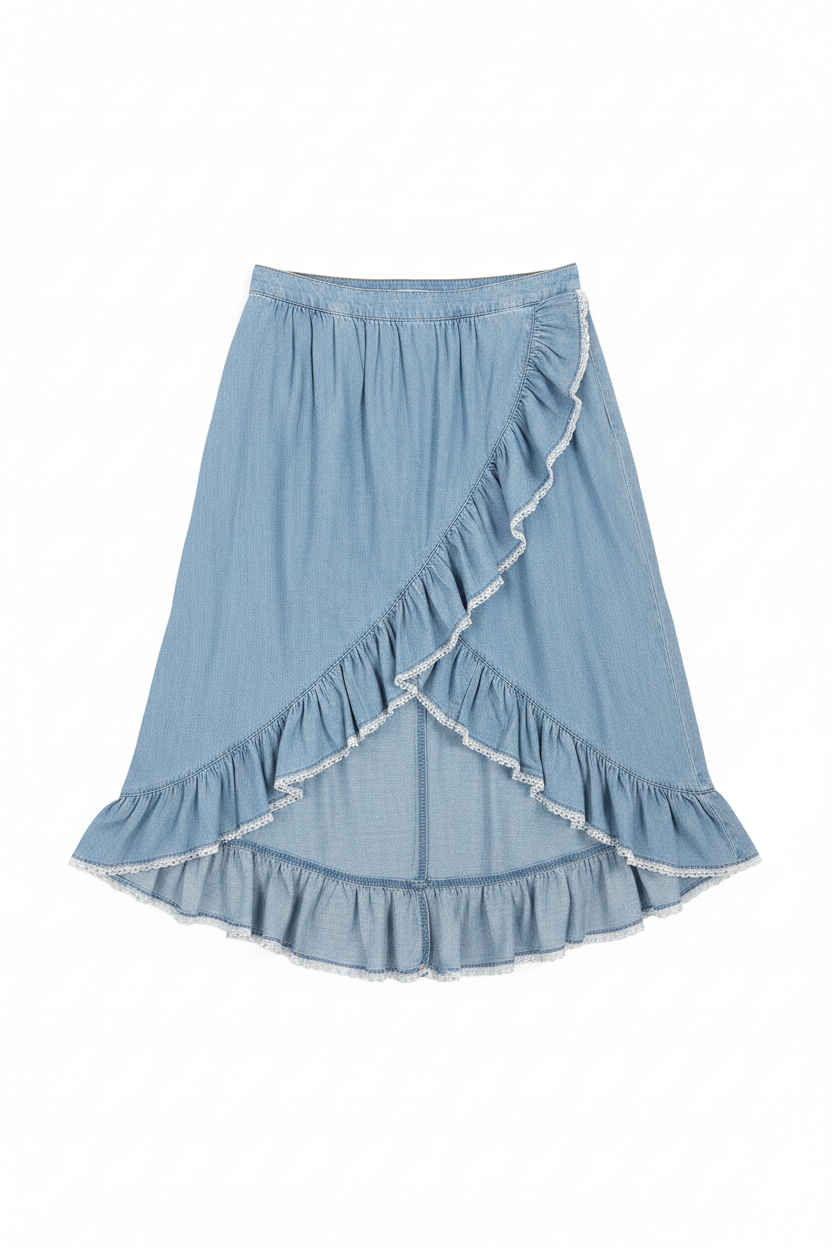 Hi/lo ruffled denim skirt