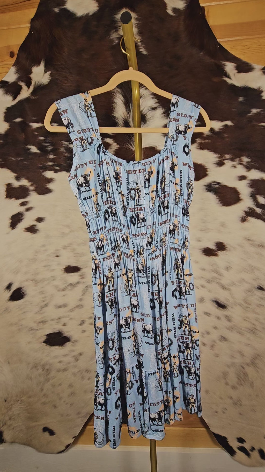 Light Blue Western Printed Thick Strap Flutter Dress