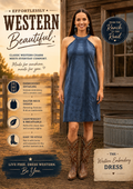 Woman wearing a blue dress and cowboy boots with promotional text about western style.
