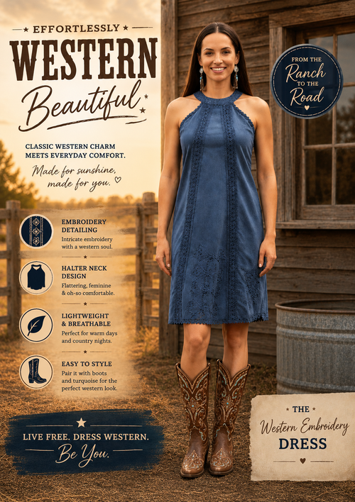 Woman wearing a blue dress and cowboy boots with promotional text about western style.
