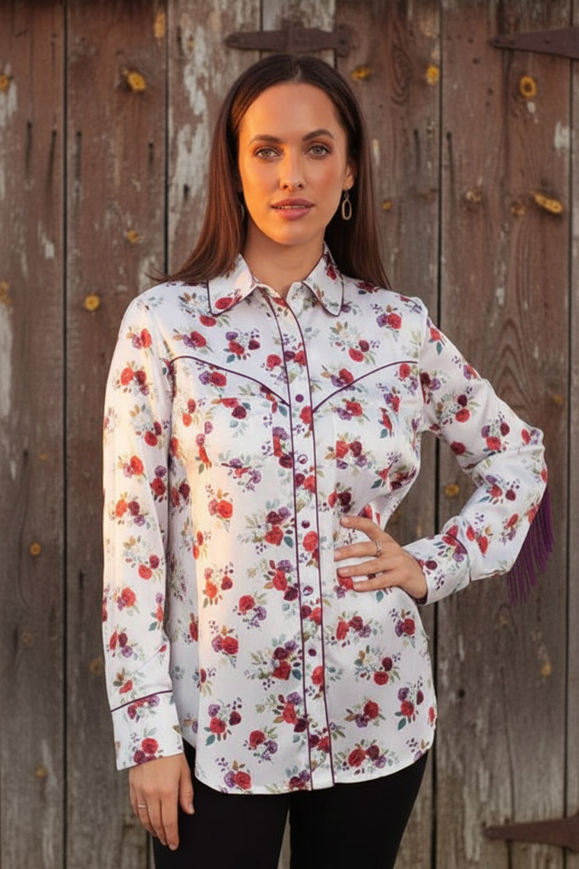 Satin Feel Floral Blouse with Fringe - The Farmstead Workshop