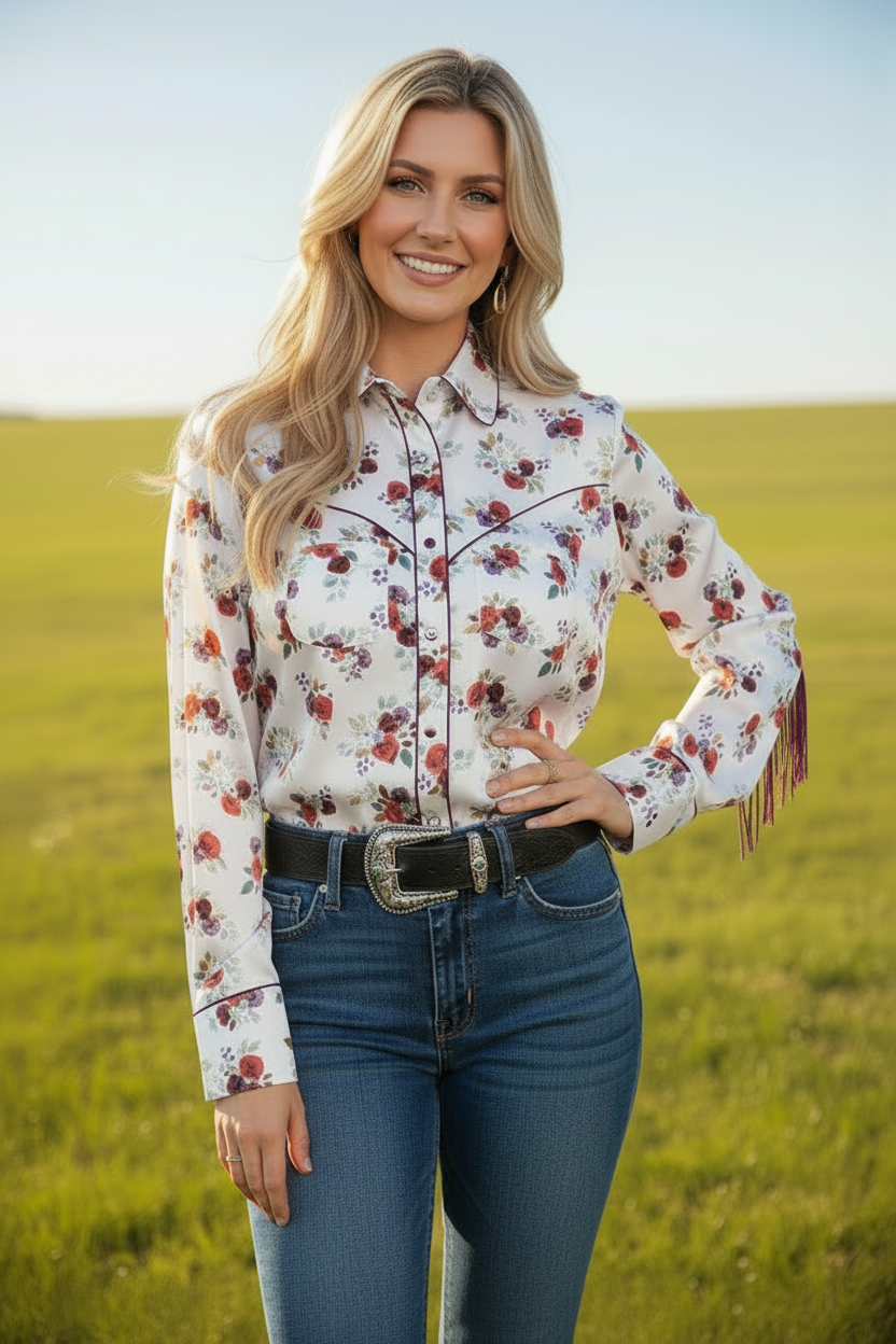Floral Fringe Satin Feel Western Pearl Snap Blouse