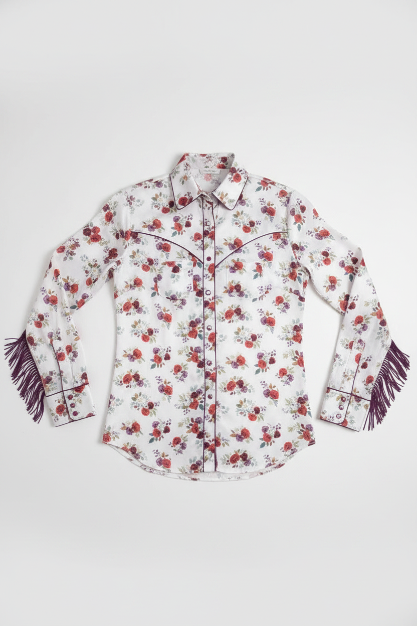 Floral Fringe Satin Feel Western Pearl Snap Blouse