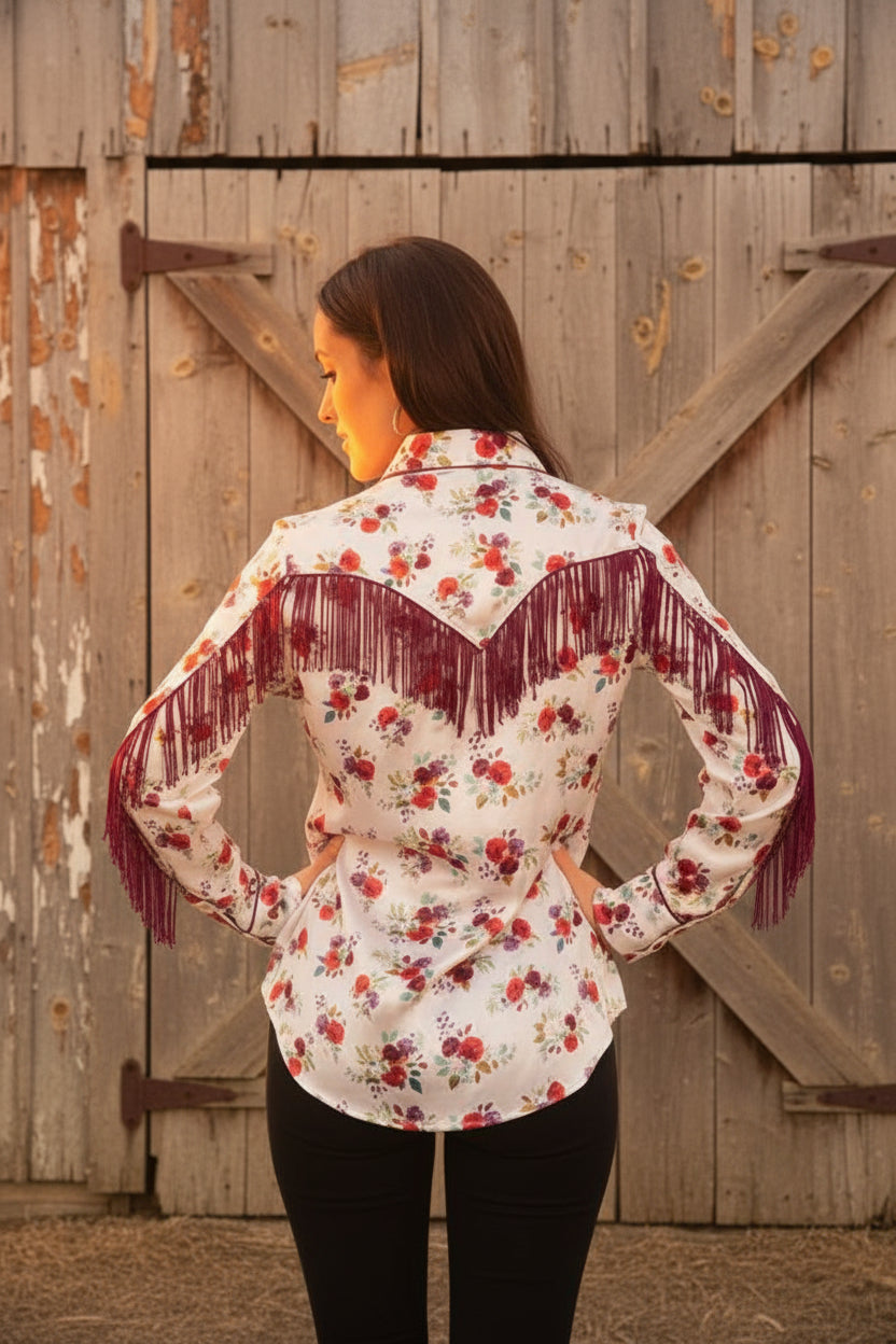 Satin Feel Floral Blouse with Fringe - The Farmstead Workshop