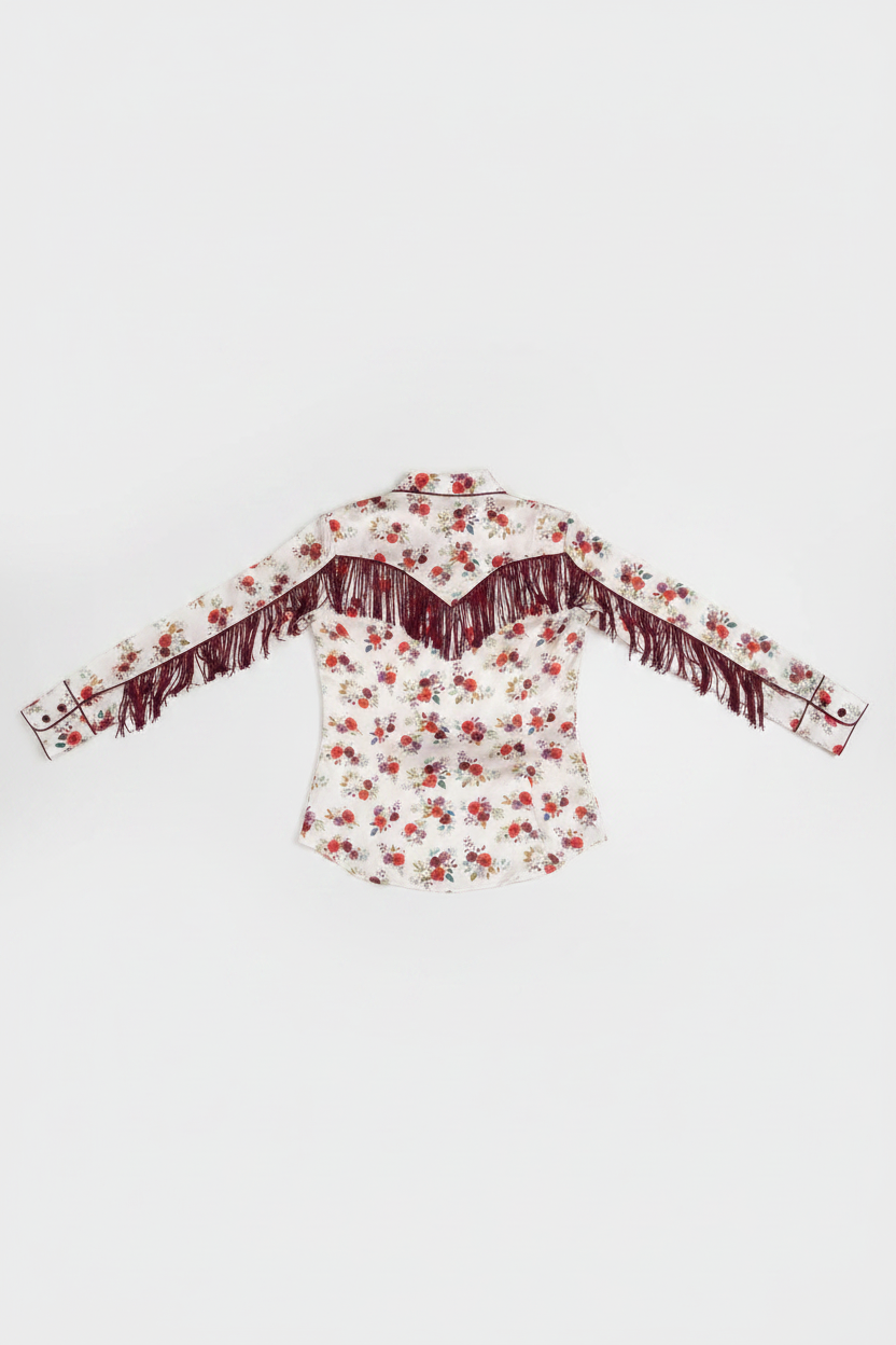 Floral Fringe Satin Feel Western Pearl Snap Blouse