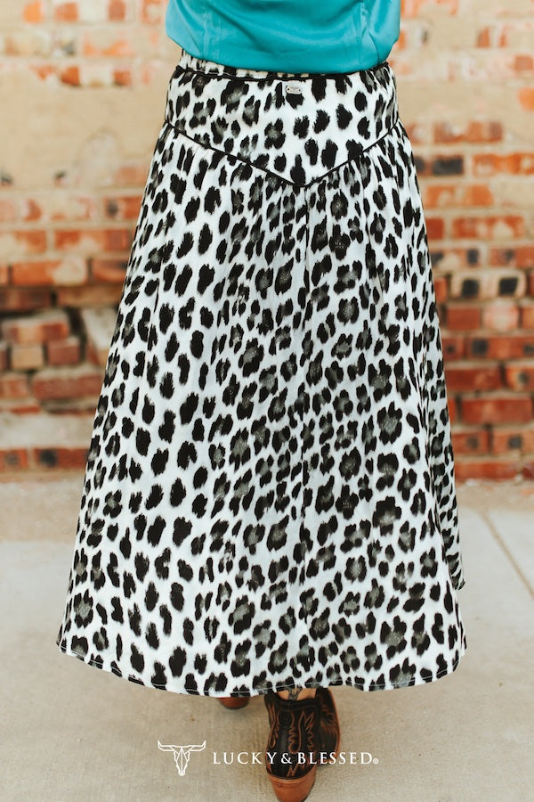 Leopard Printed Button Down Yoke Skirt with Turquoise Snap Buttons