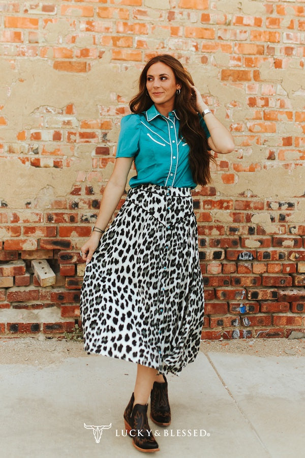 Leopard Printed Button Down Yoke Skirt with Turquoise Snap Buttons