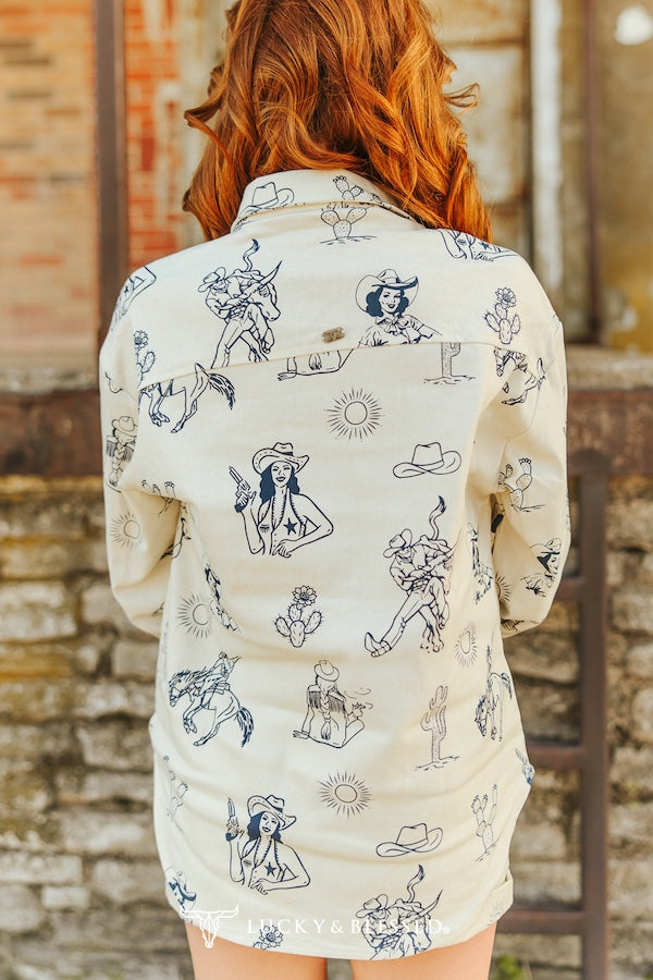 Cream Western Cowboy Printed Button Down Long Sleeve W Shorts Set