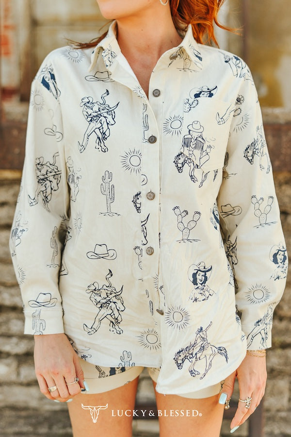 Cream Western Cowboy Printed Button Down Long Sleeve W Shorts Set