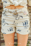 Western Cowboy Print High Waisted Shorts