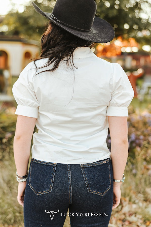 White Puff Sleeve Button Down Horse Contrast Embroidered Top