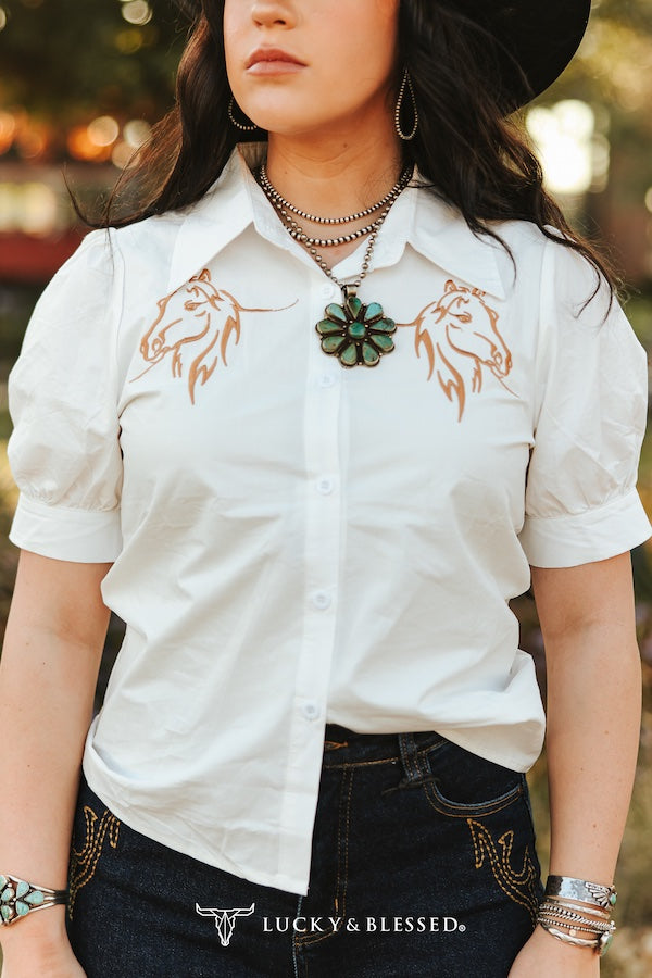 White Puff Sleeve Button Down Horse Contrast Embroidered Top
