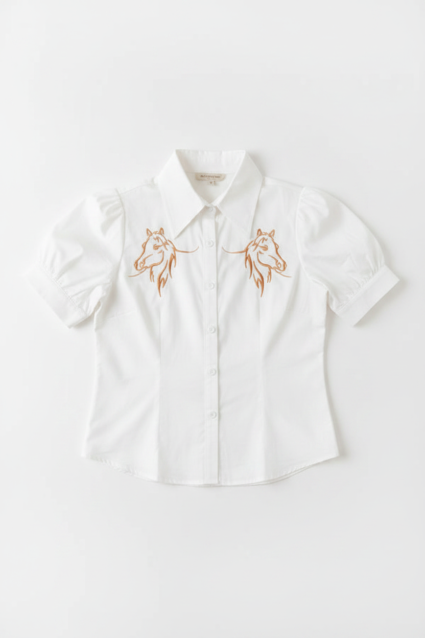 White Puff Sleeve Button Down Horse Contrast Embroidered Top