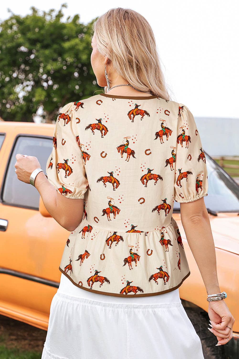 Western Cowboy Print Puff Sleeve Bowknot Babydoll Blouse - The Farmstead Workshop