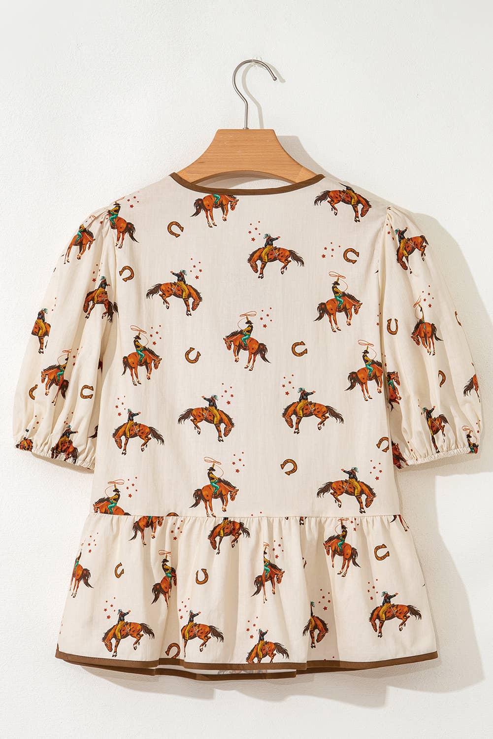 Western Cowboy Print Puff Sleeve Bowknot Babydoll Blouse - The Farmstead Workshop