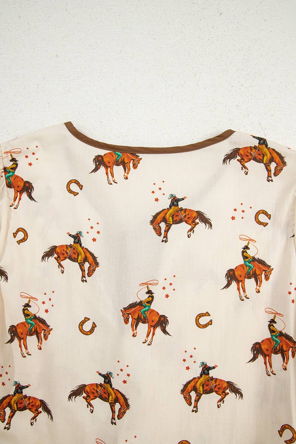 Western Cowboy Print Puff Sleeve Bowknot Babydoll Blouse - The Farmstead Workshop