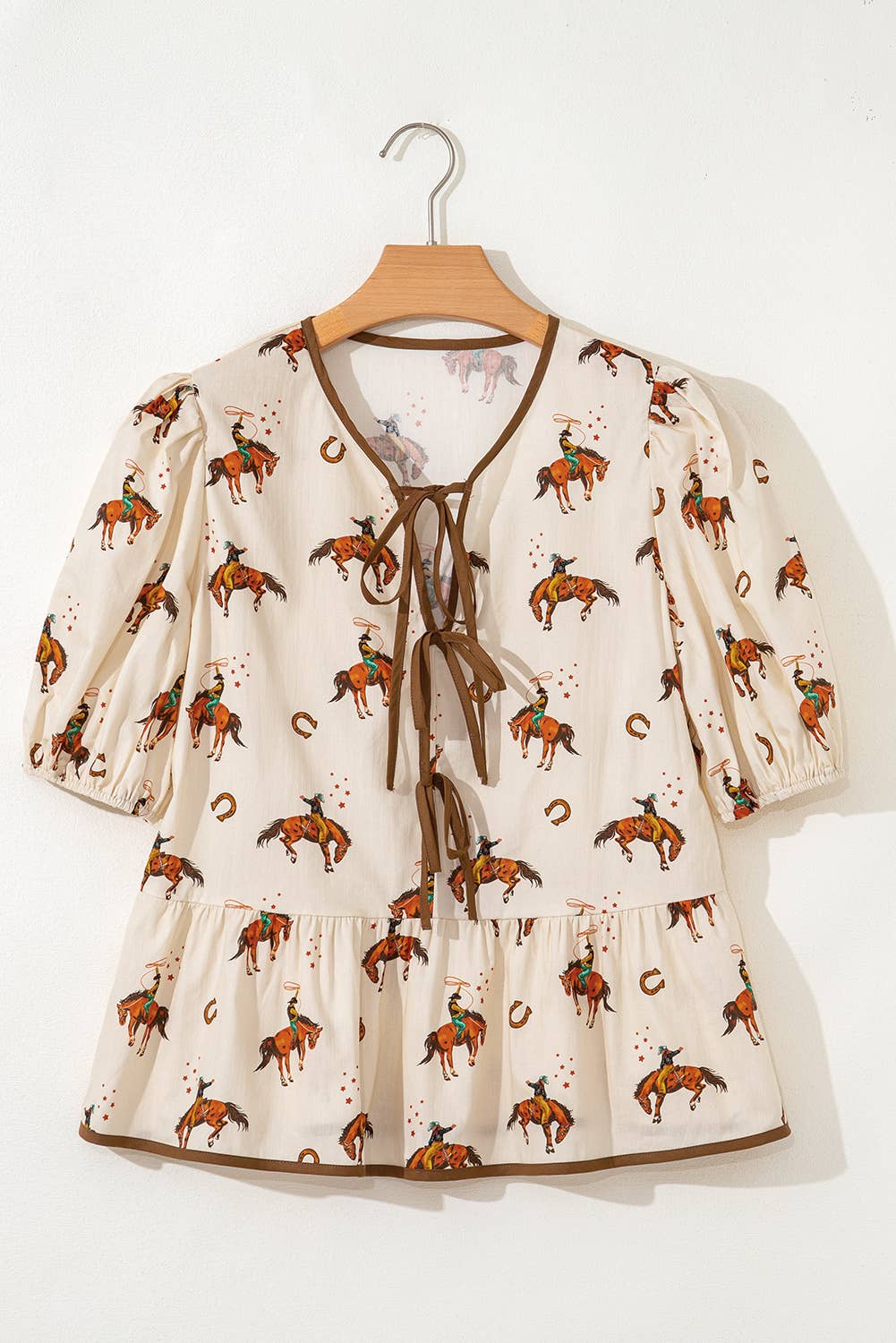 Western Cowboy Print Puff Sleeve Bowknot Babydoll Blouse - The Farmstead Workshop