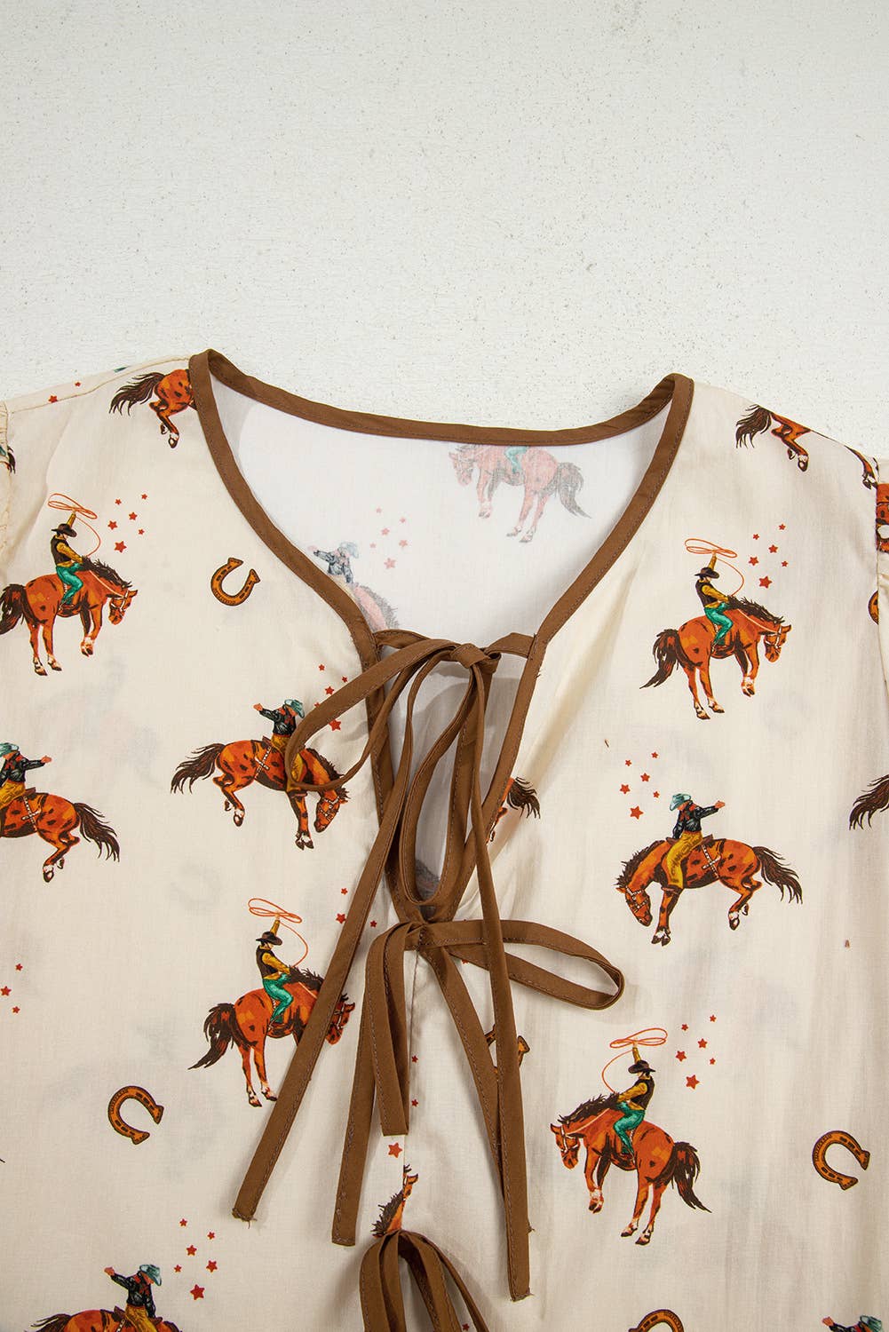 Western Cowboy Print Puff Sleeve Bowknot Babydoll Blouse - The Farmstead Workshop